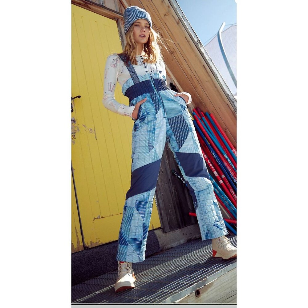 Free People Movement Printed All Prepped Bib Overalls Indigo Patch Combo Winter